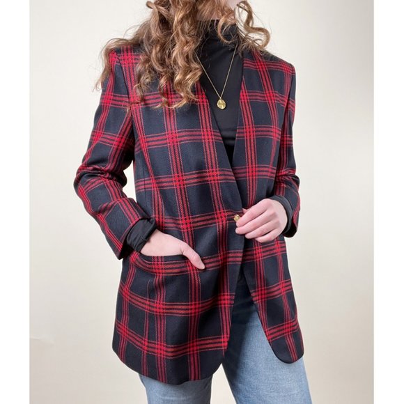 Vintage Long Plaid Oversized Blazer Jacket Coat Trench Peacoat Preppy Academia - Picture 2 of 7
